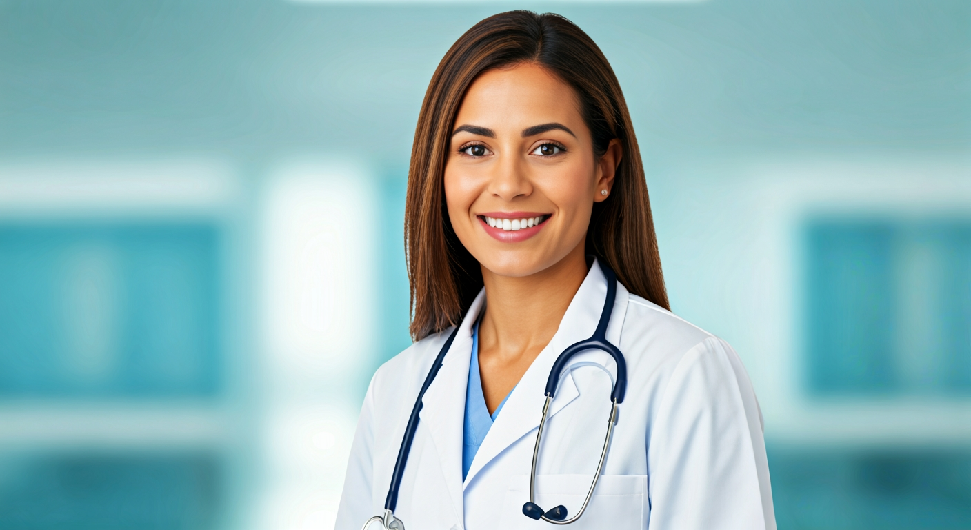 a doctor with a stethoscope around her neck smiling warmly at the camera, clean clinical background
